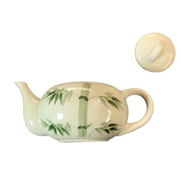 Bamboo Pattern Ceramic Teapot Lid World Market Microwave Dishwasher Safe 8x4” - Picture 2 of 8